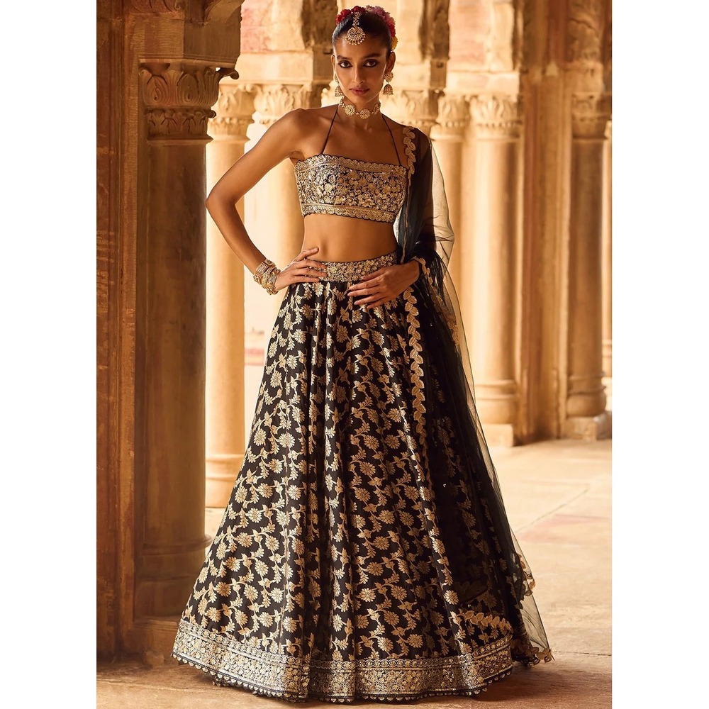 Lashkaraa Black Embroidered Brocade Lehenga Set XL LASHKARAADN1402 NWT